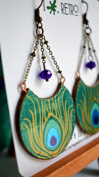 Orecchini di carta con piume di pavone - modello INDIRA - elegante - blu - viola - vintage - retro - art deco - oro - verde